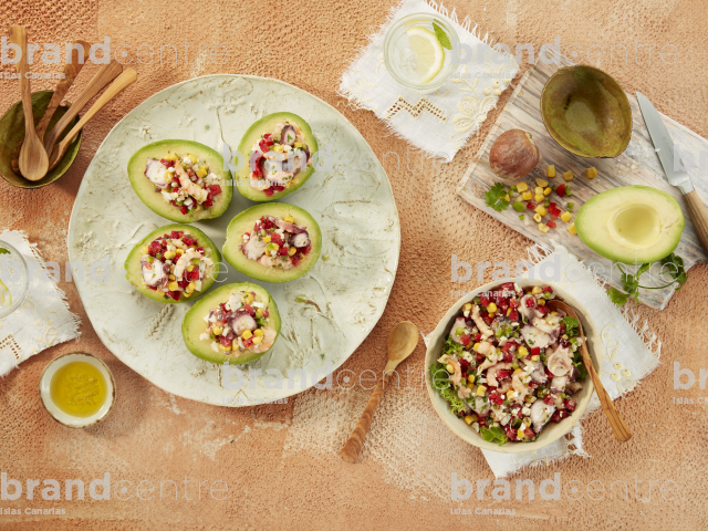 Avocado stuffed with seafood spatter
